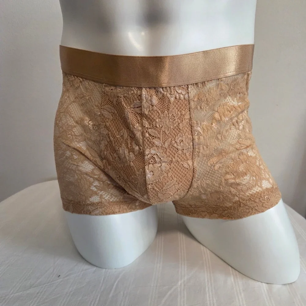 Cosabella Mens Never Say Never Lace Boxer Briefs Tan Floral Metallic Waistband